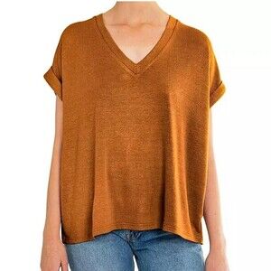 Mod Ref Women's Rust Rolled Cuff Short Sleeve V-Neck Lightweight Top Medium